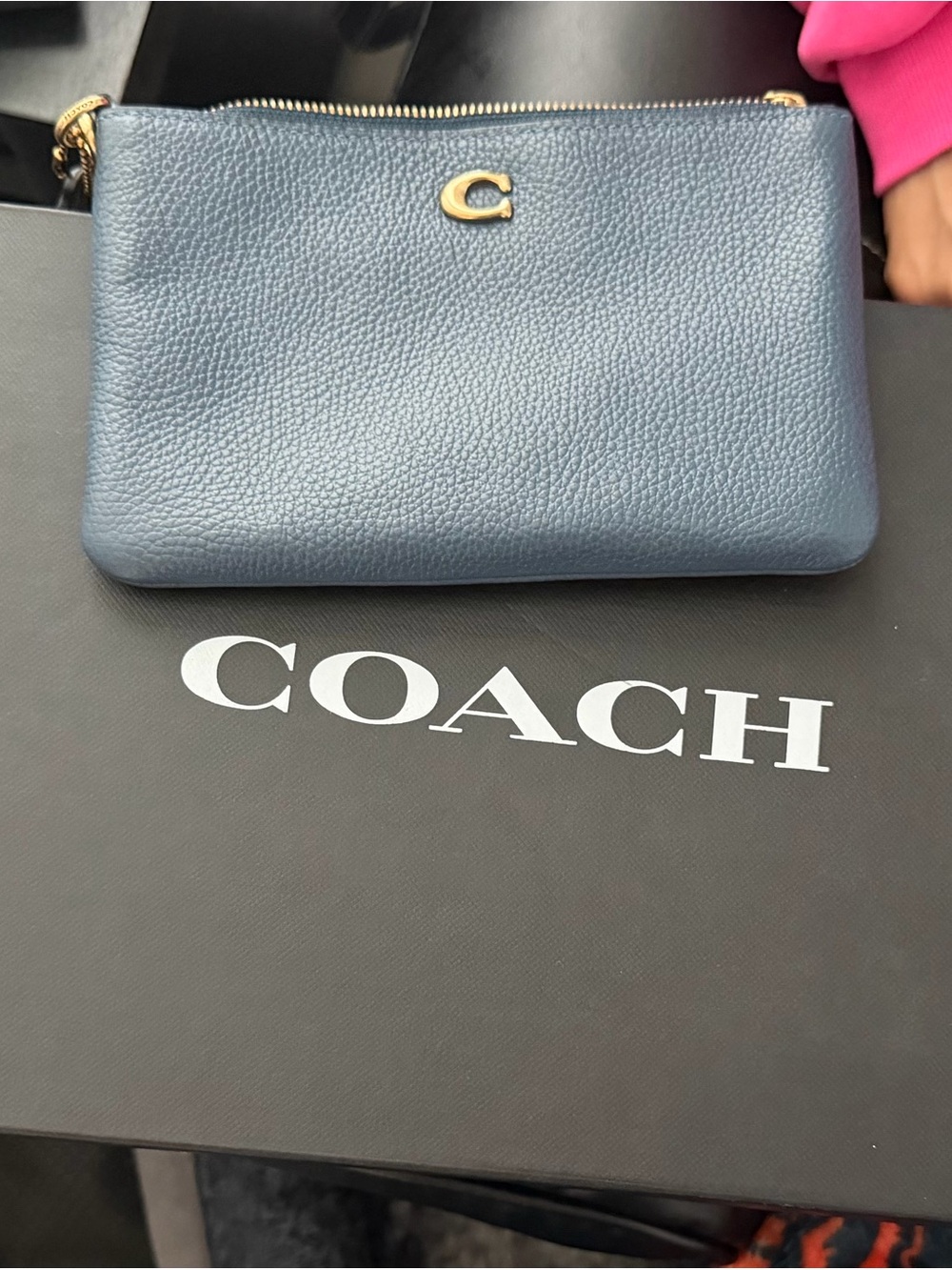 Coach Pebbled Leather Navy Blue Wristlet with Gold Hardware